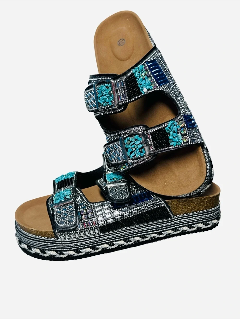Women's Bohemian Beaded Rhinestone Double Buckle Platform Slide Sandals